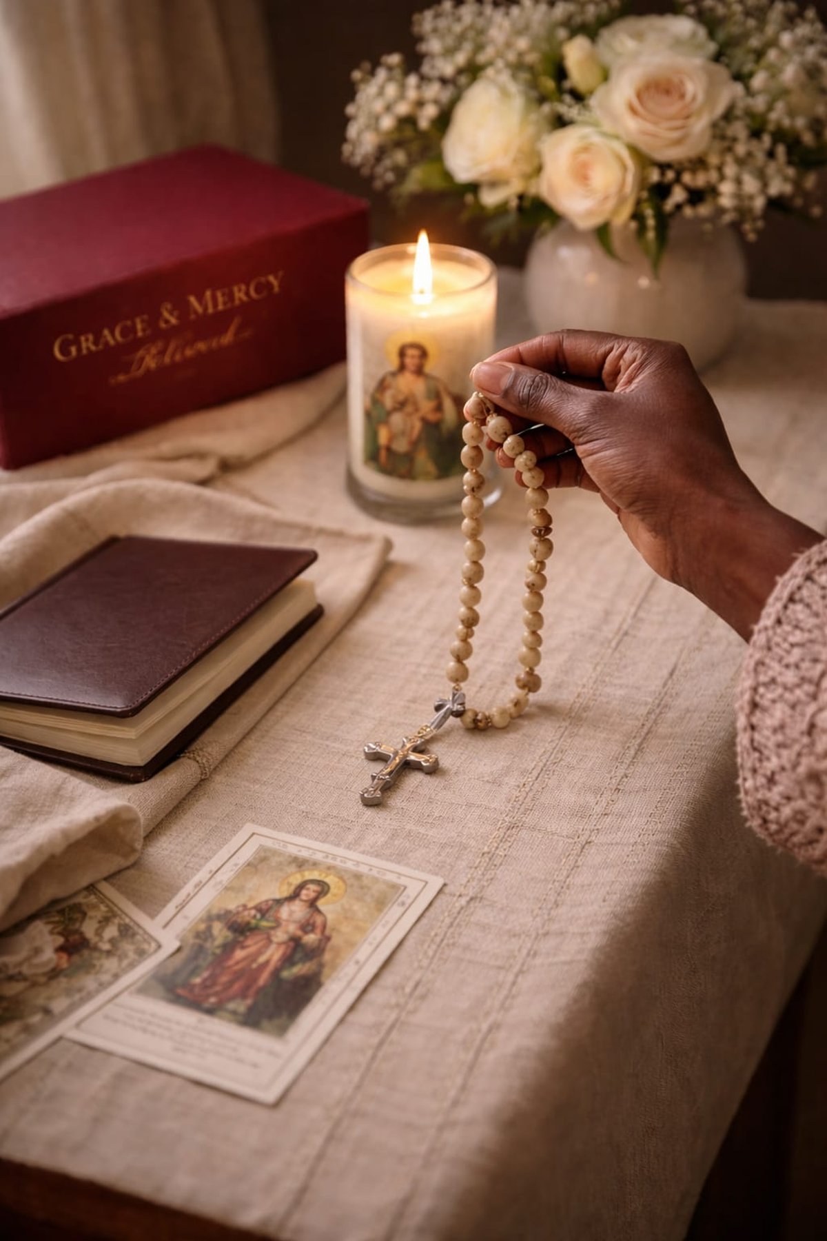 Catholic prayer moment with devotional gifts