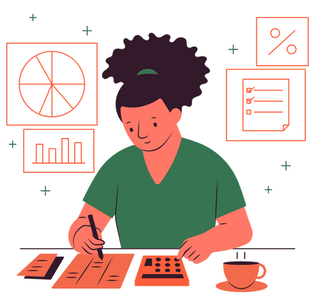 A cartoon of a woman with curly hair doing financial calculations at a desk with a calculator and coffee. Icons of charts and lists float around her.