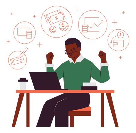 A cartoon of a man with glasses celebrating in front of a laptop. Floating icons depict various financial concepts like money and credit cards.