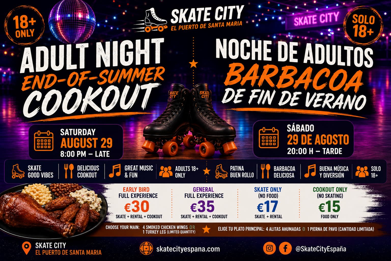 Skate City Adult Night and End-of-Summer Cookout, Saturday 29 August at 8:00 PM, 18 and over