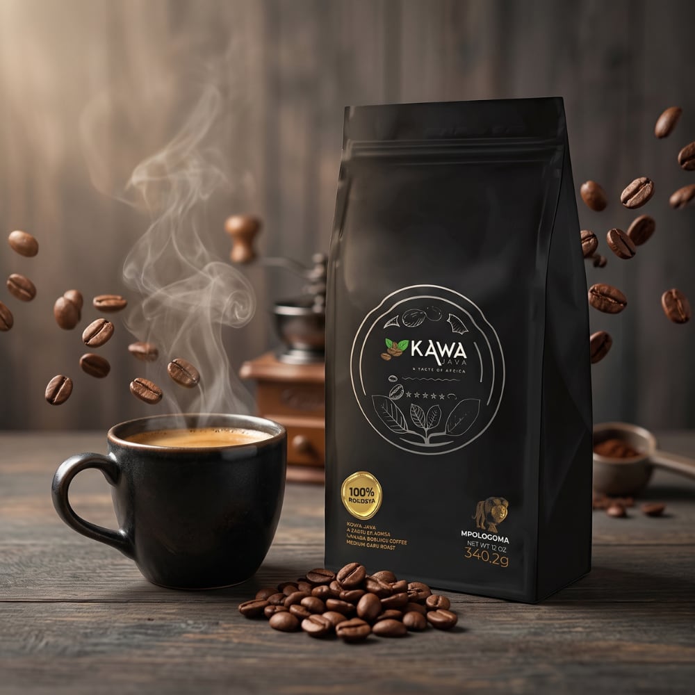 A black bag of Kawa Java coffee next to a steaming cup of espresso with floating coffee beans on a wooden table.