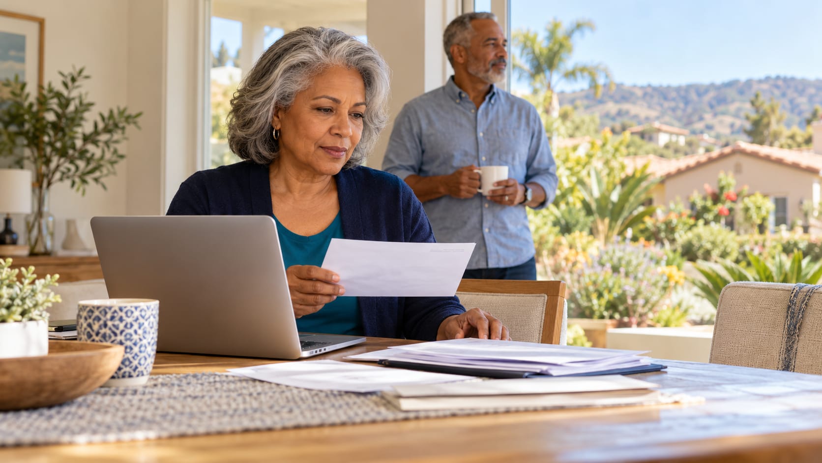 Homeowner reviewing mailed property paperwork beside a laptop in a bright Southern California home.