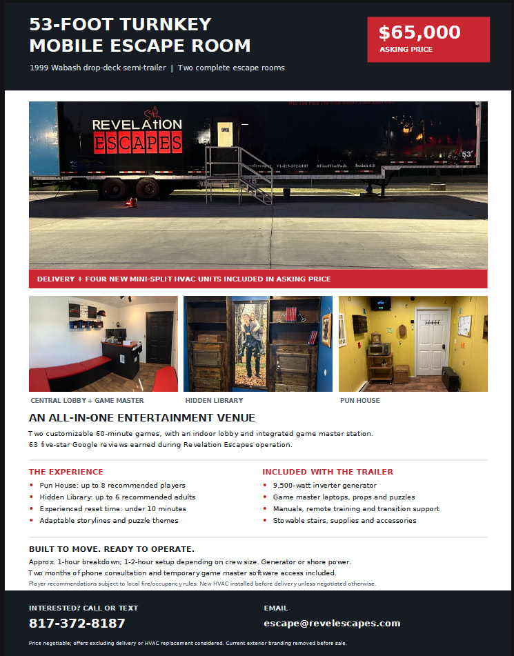 Escape Trailer for Sale flyer featuring trailer photographs, specifications, included equipment, and the $65,000 asking price
